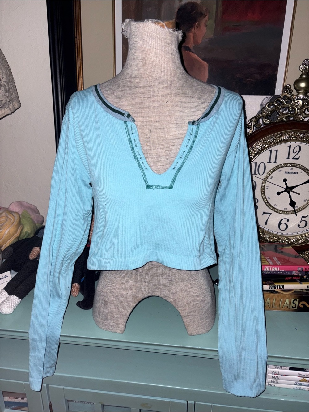 Urban Outfitters Light Blue Ribbed V‑Neck Long Sleeve Crop Top